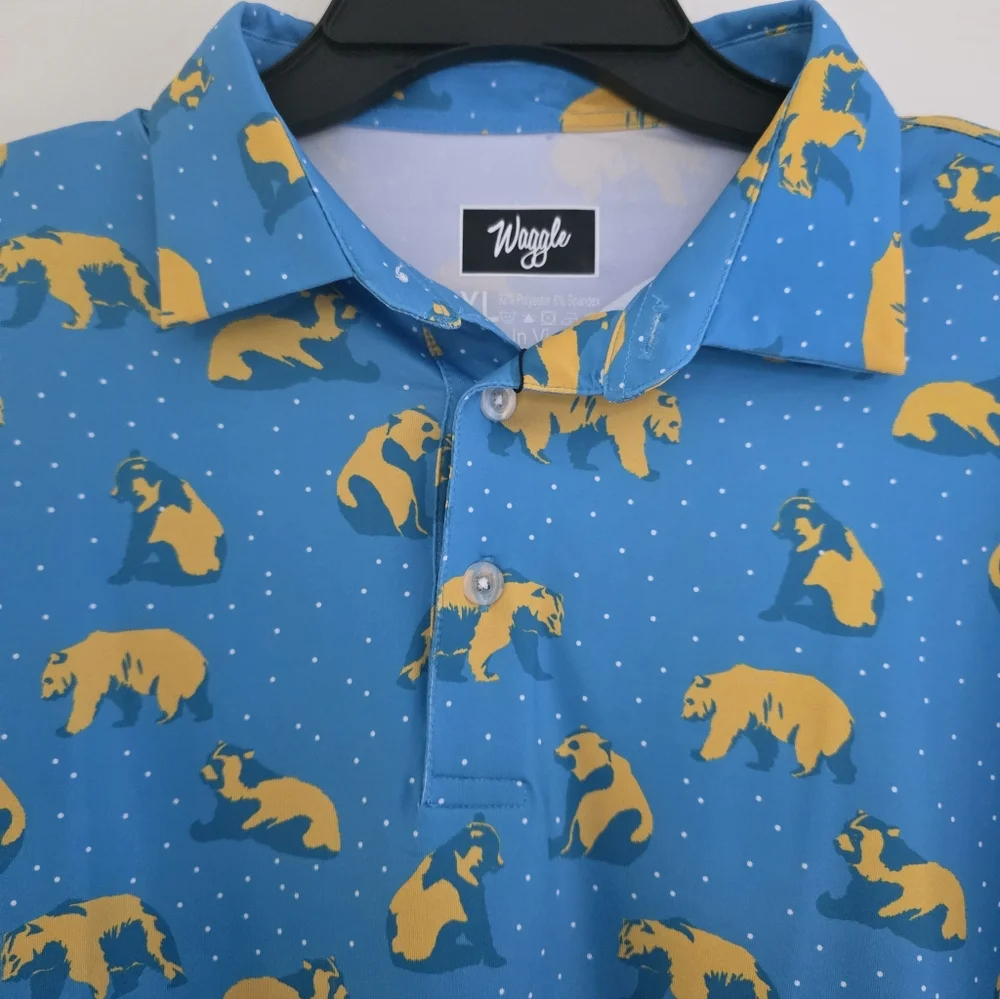 Waggle Polo Golf Performanxe Shirt Short Sleeve Golden Bear Yellow Blue Size L - Picture 6 of 8